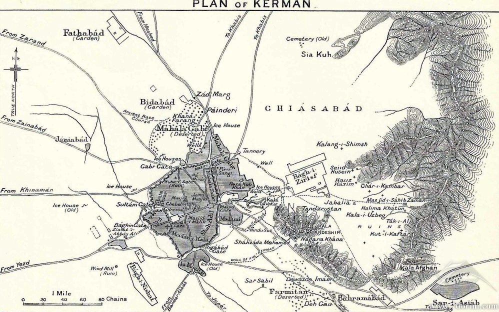 اولین نقشه جغرافیای شهر کرمان توسطه پرسی سیکس ( مستشار نظامی انگلیس ) در کتابش با نام «ده هزار مایل به پرشیا» - در سال 1917 میلادی ارائه شده